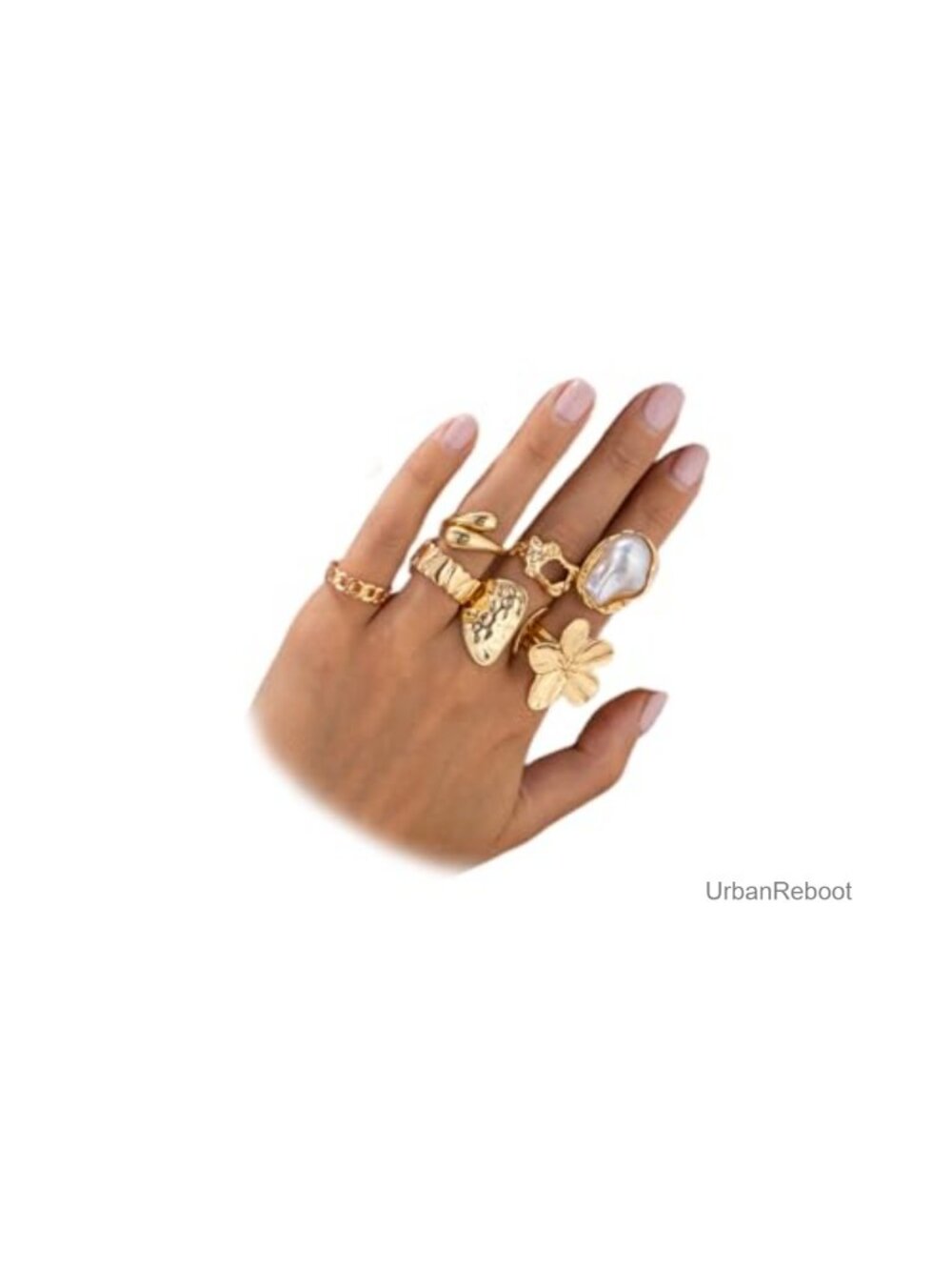Bohemian Pearl Flower Stacking Ring Set Gold